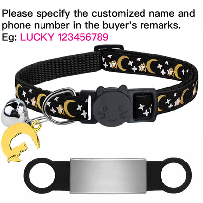 Customized Cute Glow Cat Collar Free Engraved Puppy Kitten Anti-Lost Pet ID Nameplate Necklace with Bell & Moon Ornament