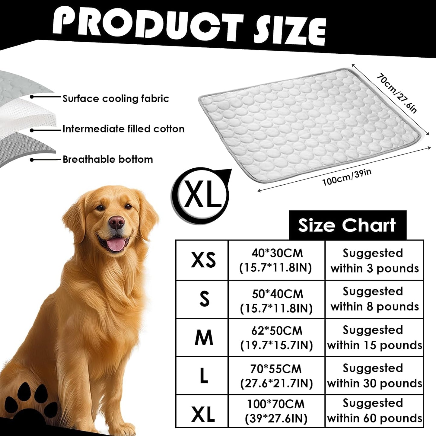 Cooling Mat for Dogs100X70Cm, Scratch-Resistant Premium Polyester Fabric, Dog Cooling Mat, Non-Toxic Foldable Easy-Clean Pet Cooling Mat for Indoor, Outdoor and Car Use (Xl/Grey)