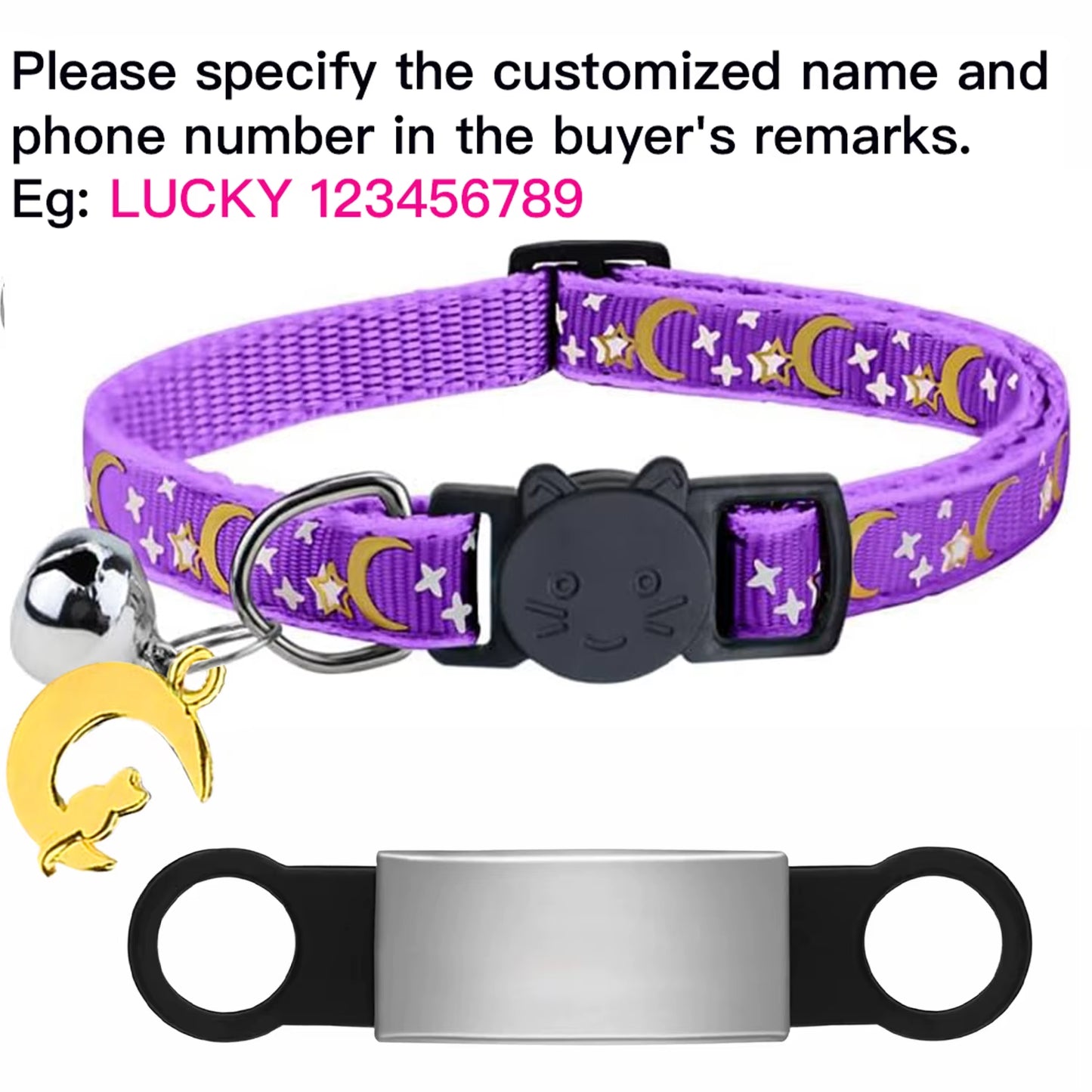 Customized Cute Glow Cat Collar Free Engraved Puppy Kitten Anti-Lost Pet ID Nameplate Necklace with Bell & Moon Ornament