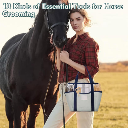13Pcs Horse Grooming Kit with Mesh Tote Bag, Shower Brushes, Braiding and Curry Comb, Sweat Scraper, Hoof Pick, Shedding Massaging Horse Grooming and Bathing Tool Supplies for Riders Beginners