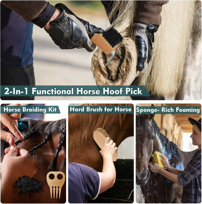 13Pcs Horse Grooming Kit with Mesh Tote Bag, Shower Brushes, Braiding and Curry Comb, Sweat Scraper, Hoof Pick, Shedding Massaging Horse Grooming and Bathing Tool Supplies for Riders Beginners
