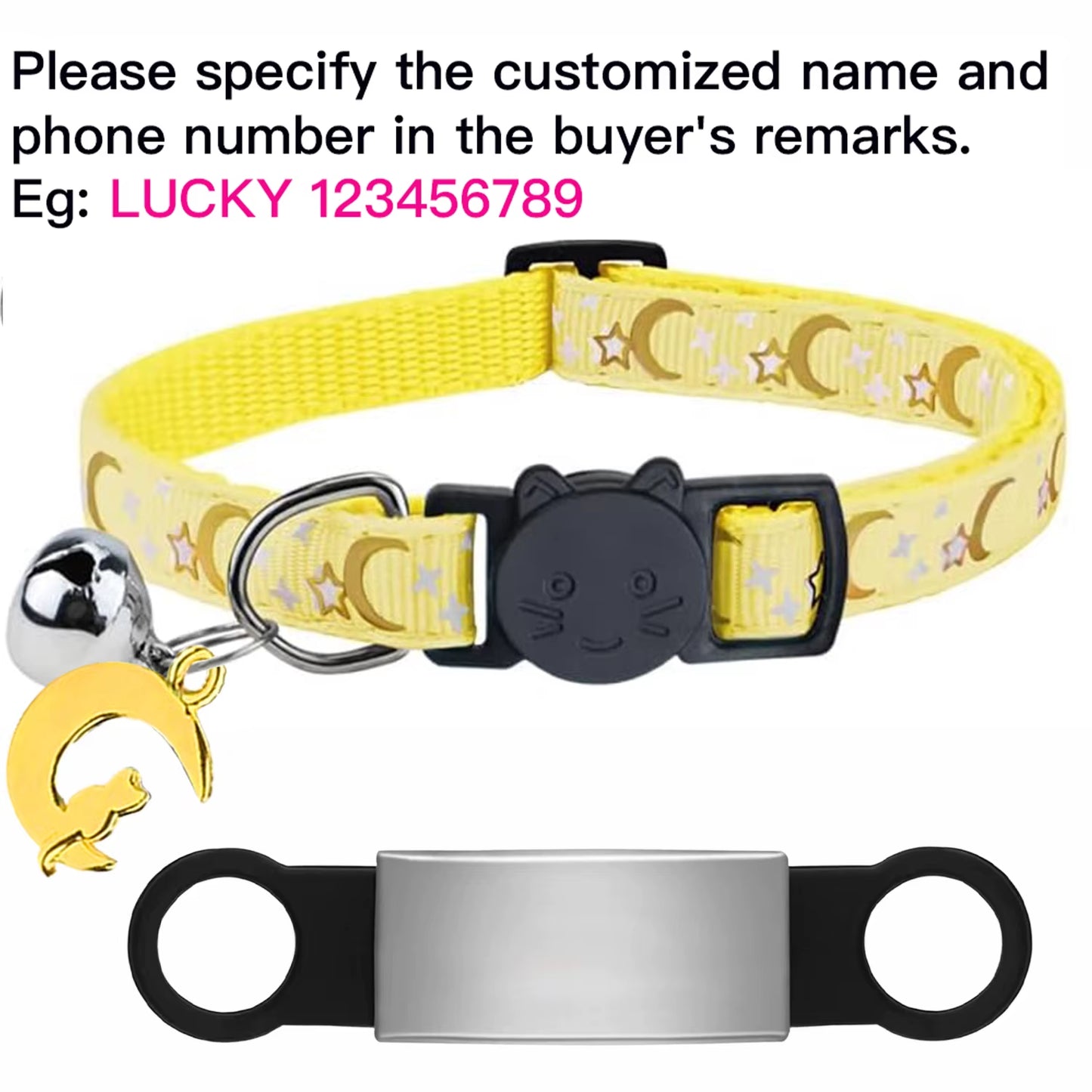 Customized Cute Glow Cat Collar Free Engraved Puppy Kitten Anti-Lost Pet ID Nameplate Necklace with Bell & Moon Ornament