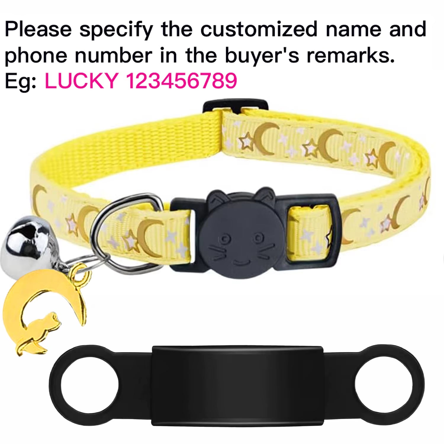 Customized Cute Glow Cat Collar Free Engraved Puppy Kitten Anti-Lost Pet ID Nameplate Necklace with Bell & Moon Ornament