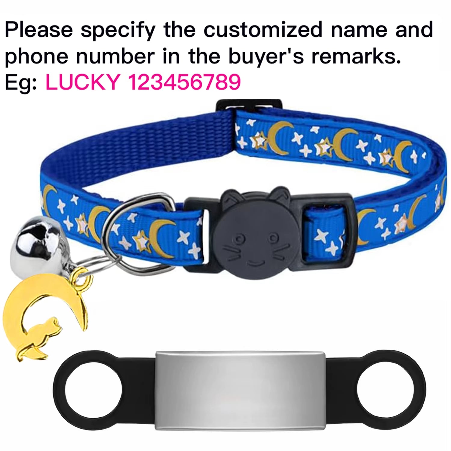 Customized Cute Glow Cat Collar Free Engraved Puppy Kitten Anti-Lost Pet ID Nameplate Necklace with Bell & Moon Ornament