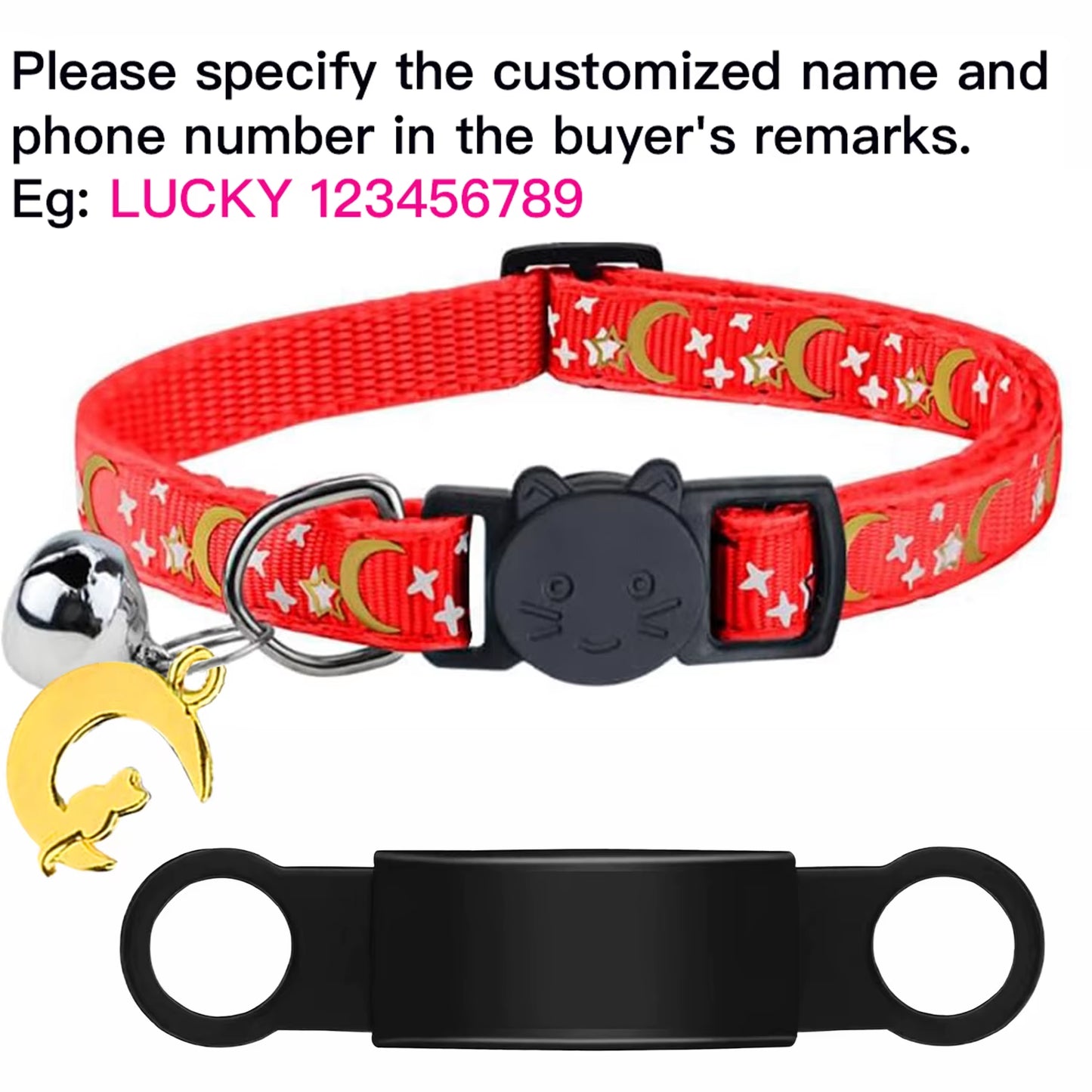 Customized Cute Glow Cat Collar Free Engraved Puppy Kitten Anti-Lost Pet ID Nameplate Necklace with Bell & Moon Ornament