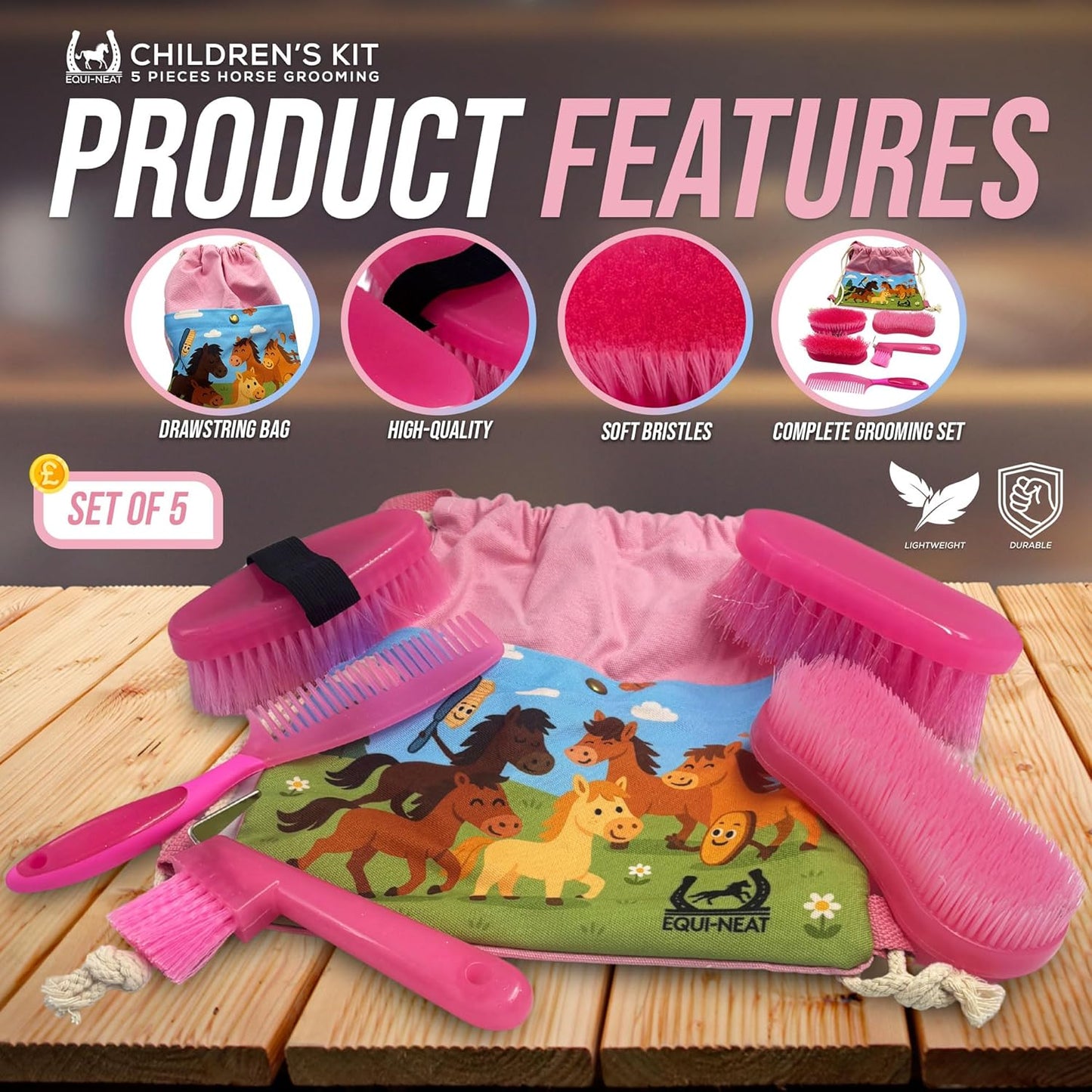 Children'S Horse Grooming Kit with Bag - Pony Gift Set Includes Curry Comb, Hoof Pick, Brushes and Comb - Available in Blue or Pink - Ideal Kids Grooming Kit Horse Present Gift - Pink