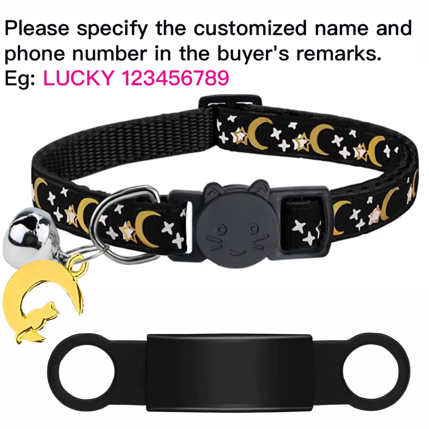 Customized Cute Glow Cat Collar Free Engraved Puppy Kitten Anti-Lost Pet ID Nameplate Necklace with Bell & Moon Ornament