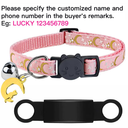 Customized Cute Glow Cat Collar Free Engraved Puppy Kitten Anti-Lost Pet ID Nameplate Necklace with Bell & Moon Ornament