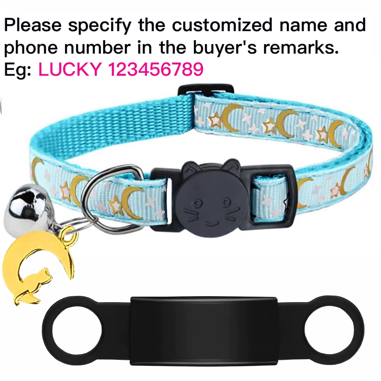 Customized Cute Glow Cat Collar Free Engraved Puppy Kitten Anti-Lost Pet ID Nameplate Necklace with Bell & Moon Ornament