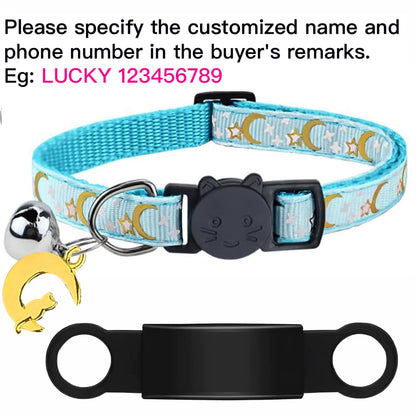 Customized Cute Glow Cat Collar Free Engraved Puppy Kitten Anti-Lost Pet ID Nameplate Necklace with Bell & Moon Ornament