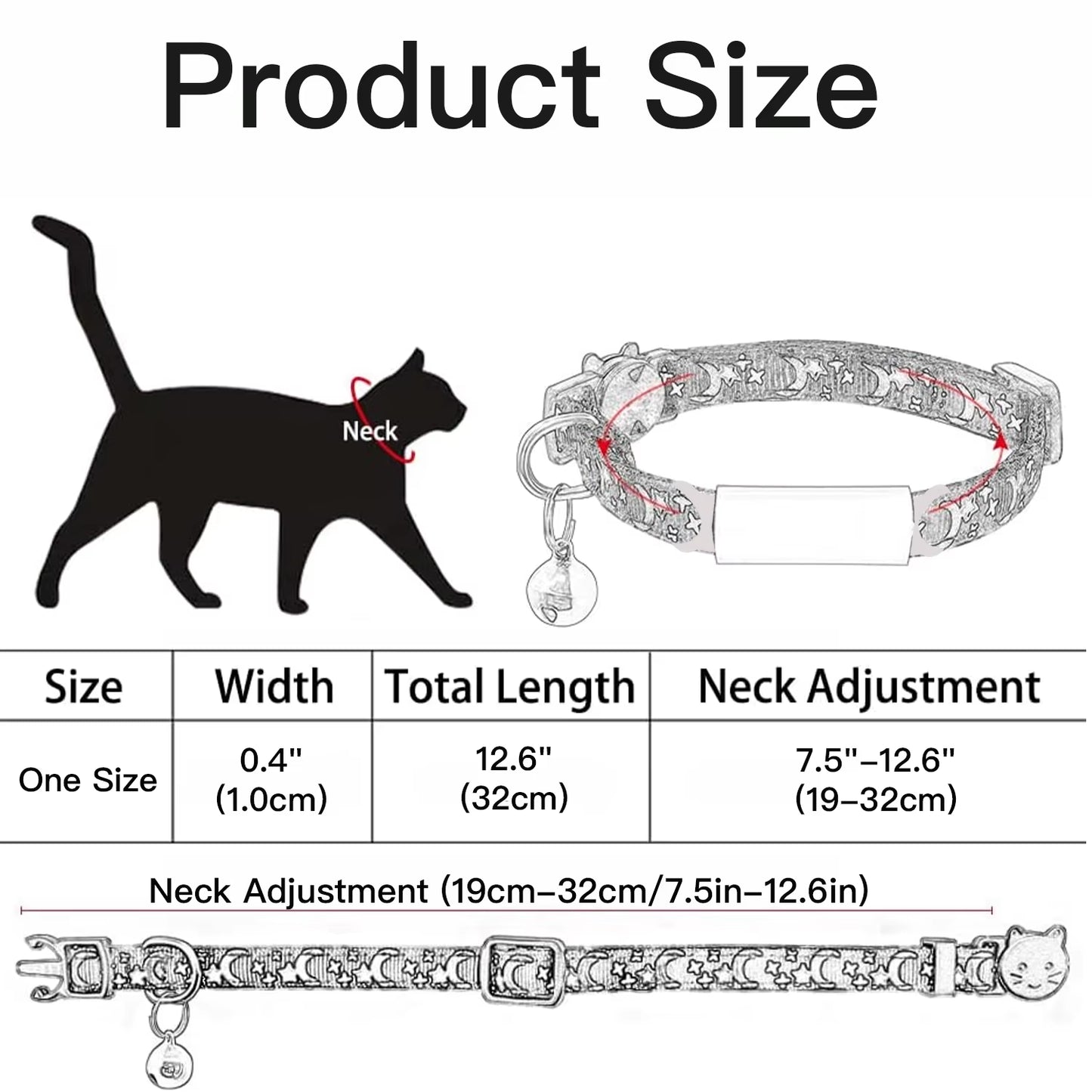Customized Cute Glow Cat Collar Free Engraved Puppy Kitten Anti-Lost Pet ID Nameplate Necklace with Bell & Moon Ornament