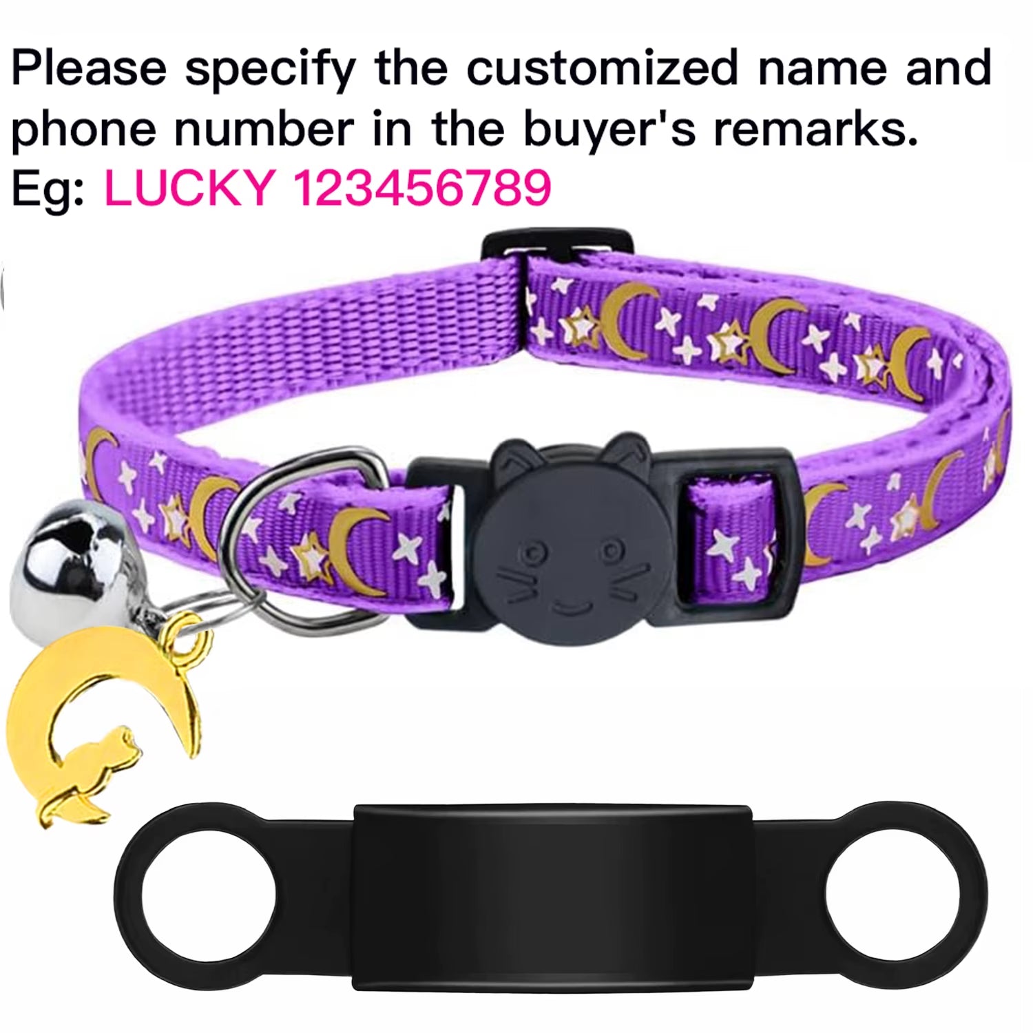 Customized Cute Glow Cat Collar Free Engraved Puppy Kitten Anti-Lost Pet ID Nameplate Necklace with Bell & Moon Ornament