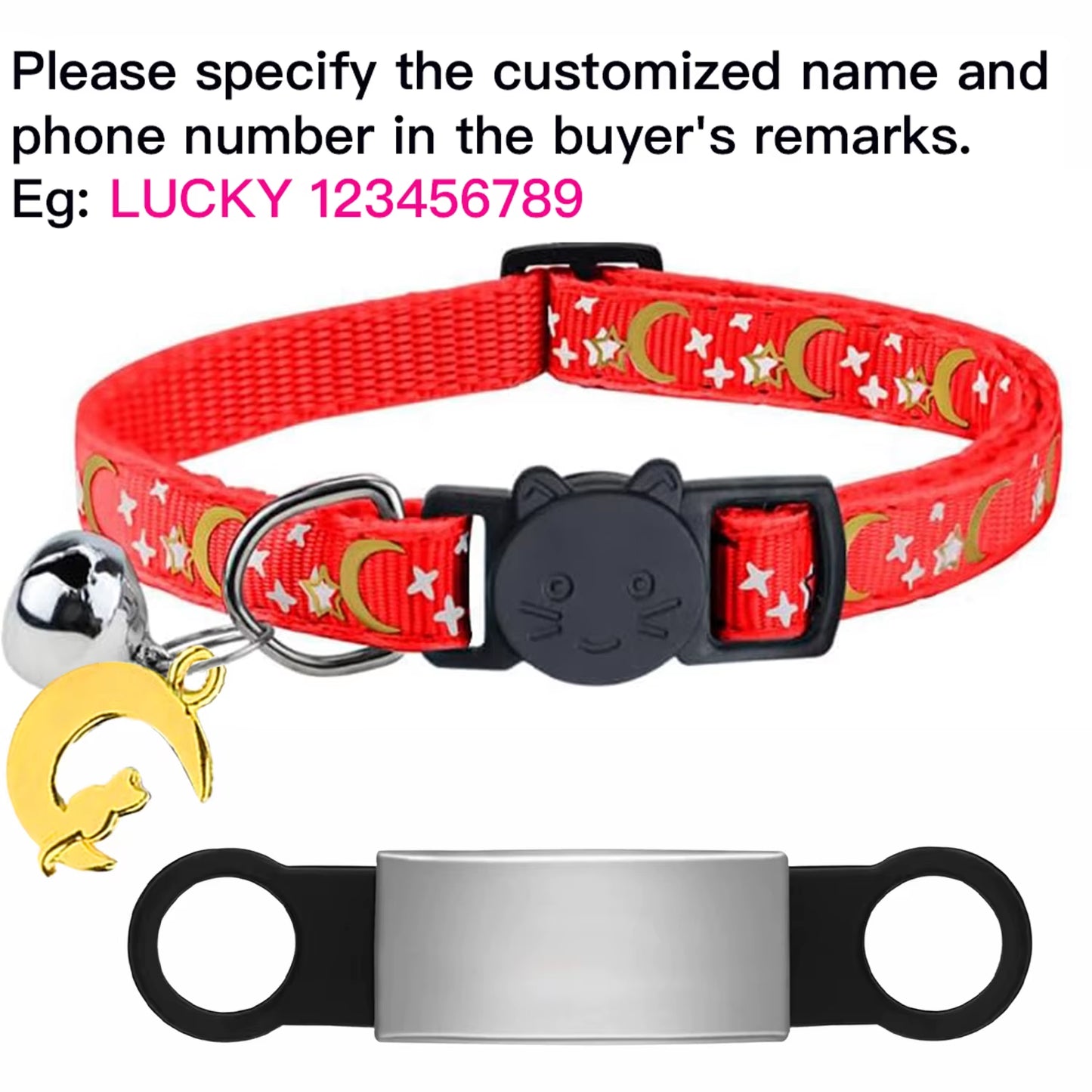 Customized Cute Glow Cat Collar Free Engraved Puppy Kitten Anti-Lost Pet ID Nameplate Necklace with Bell & Moon Ornament