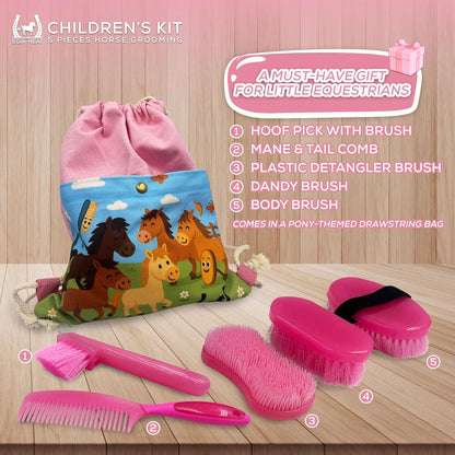 Children'S Horse Grooming Kit with Bag - Pony Gift Set Includes Curry Comb, Hoof Pick, Brushes and Comb - Available in Blue or Pink - Ideal Kids Grooming Kit Horse Present Gift - Pink