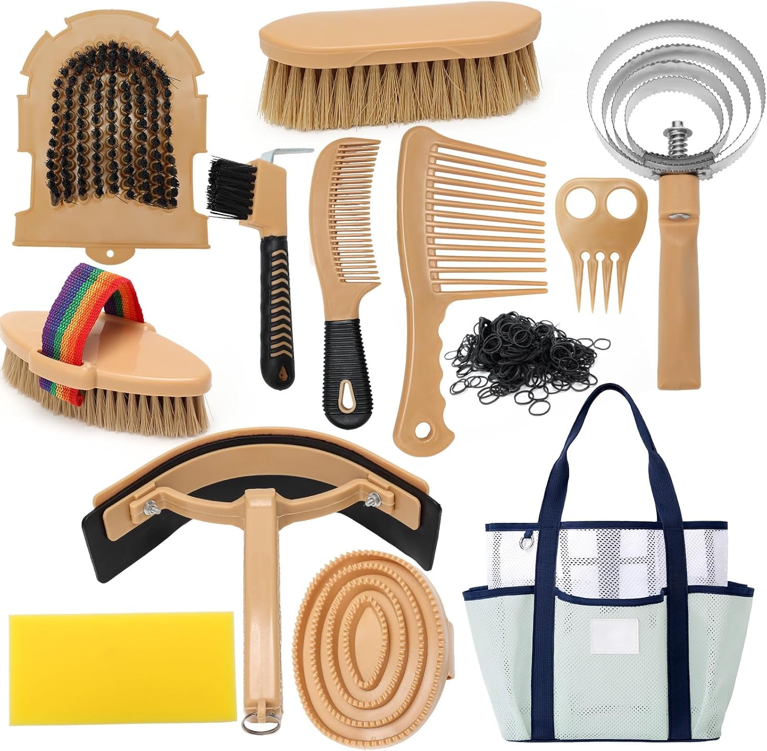 13Pcs Horse Grooming Kit with Mesh Tote Bag, Shower Brushes, Braiding and Curry Comb, Sweat Scraper, Hoof Pick, Shedding Massaging Horse Grooming and Bathing Tool Supplies for Riders Beginners