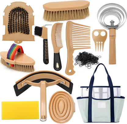 13Pcs Horse Grooming Kit with Mesh Tote Bag, Shower Brushes, Braiding and Curry Comb, Sweat Scraper, Hoof Pick, Shedding Massaging Horse Grooming and Bathing Tool Supplies for Riders Beginners