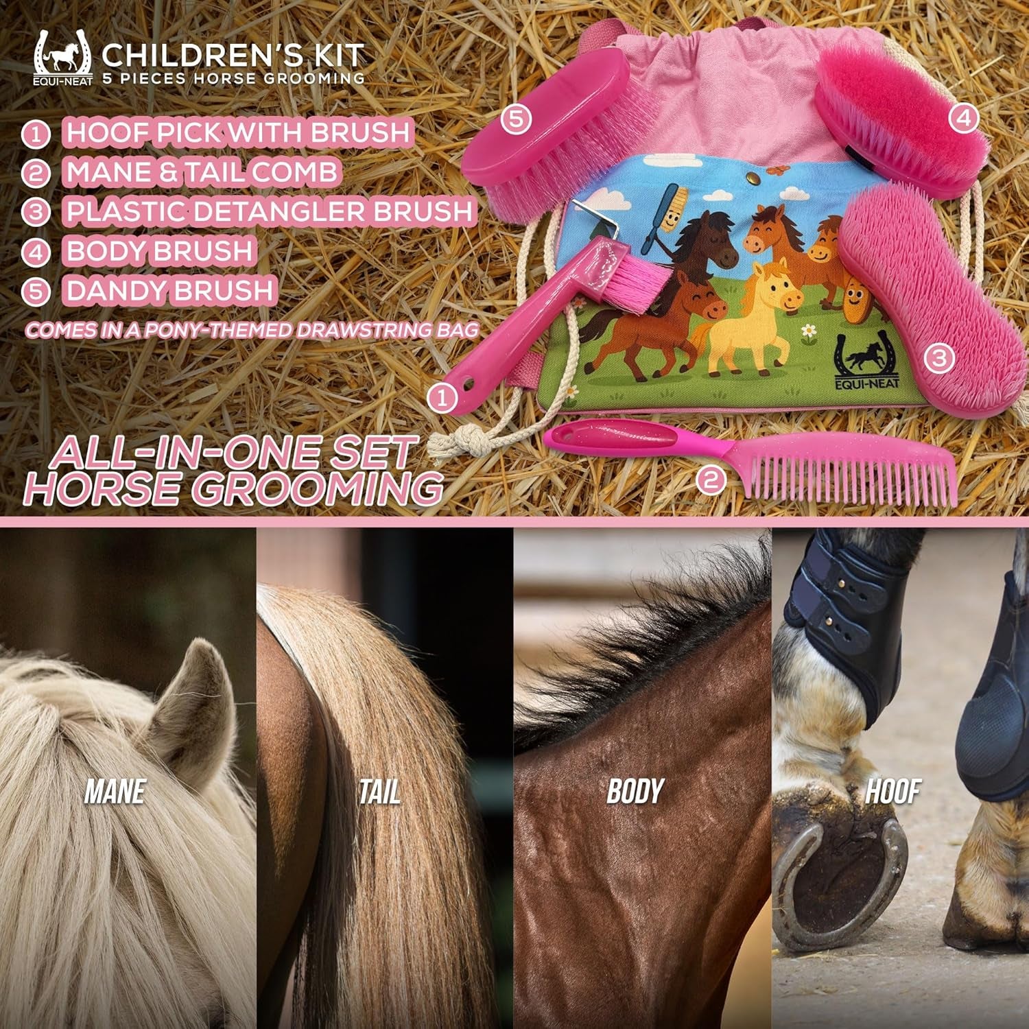 Children'S Horse Grooming Kit with Bag - Pony Gift Set Includes Curry Comb, Hoof Pick, Brushes and Comb - Available in Blue or Pink - Ideal Kids Grooming Kit Horse Present Gift - Pink