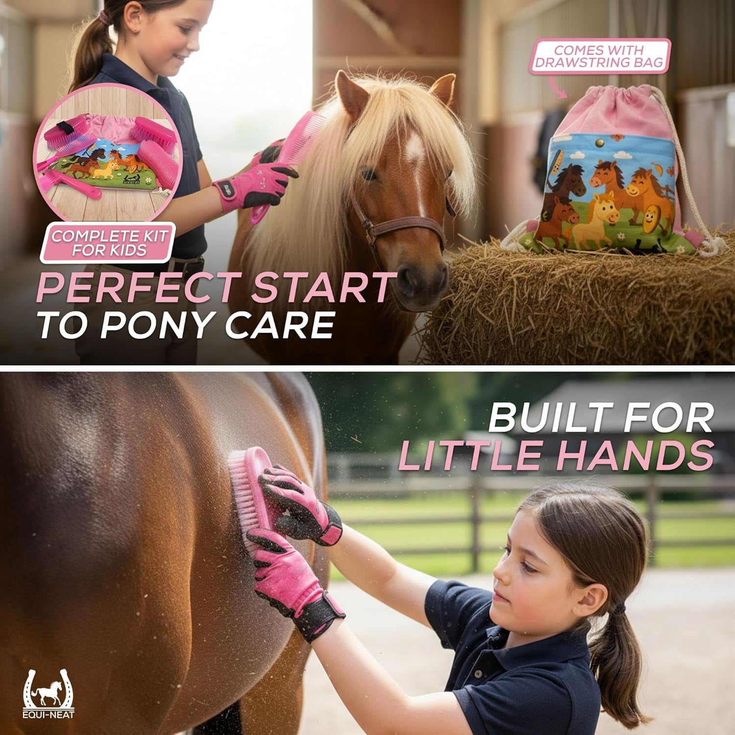 Children'S Horse Grooming Kit with Bag - Pony Gift Set Includes Curry Comb, Hoof Pick, Brushes and Comb - Available in Blue or Pink - Ideal Kids Grooming Kit Horse Present Gift - Pink