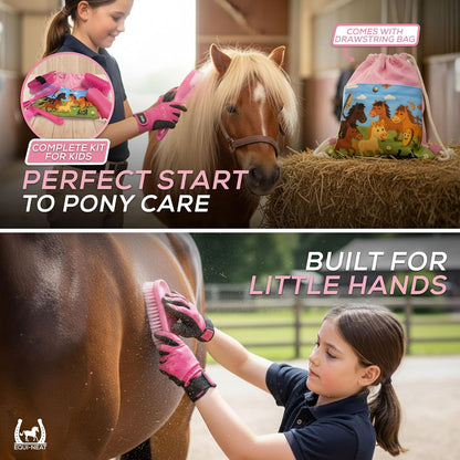 Children'S Horse Grooming Kit with Bag - Pony Gift Set Includes Curry Comb, Hoof Pick, Brushes and Comb - Available in Blue or Pink - Ideal Kids Grooming Kit Horse Present Gift - Pink