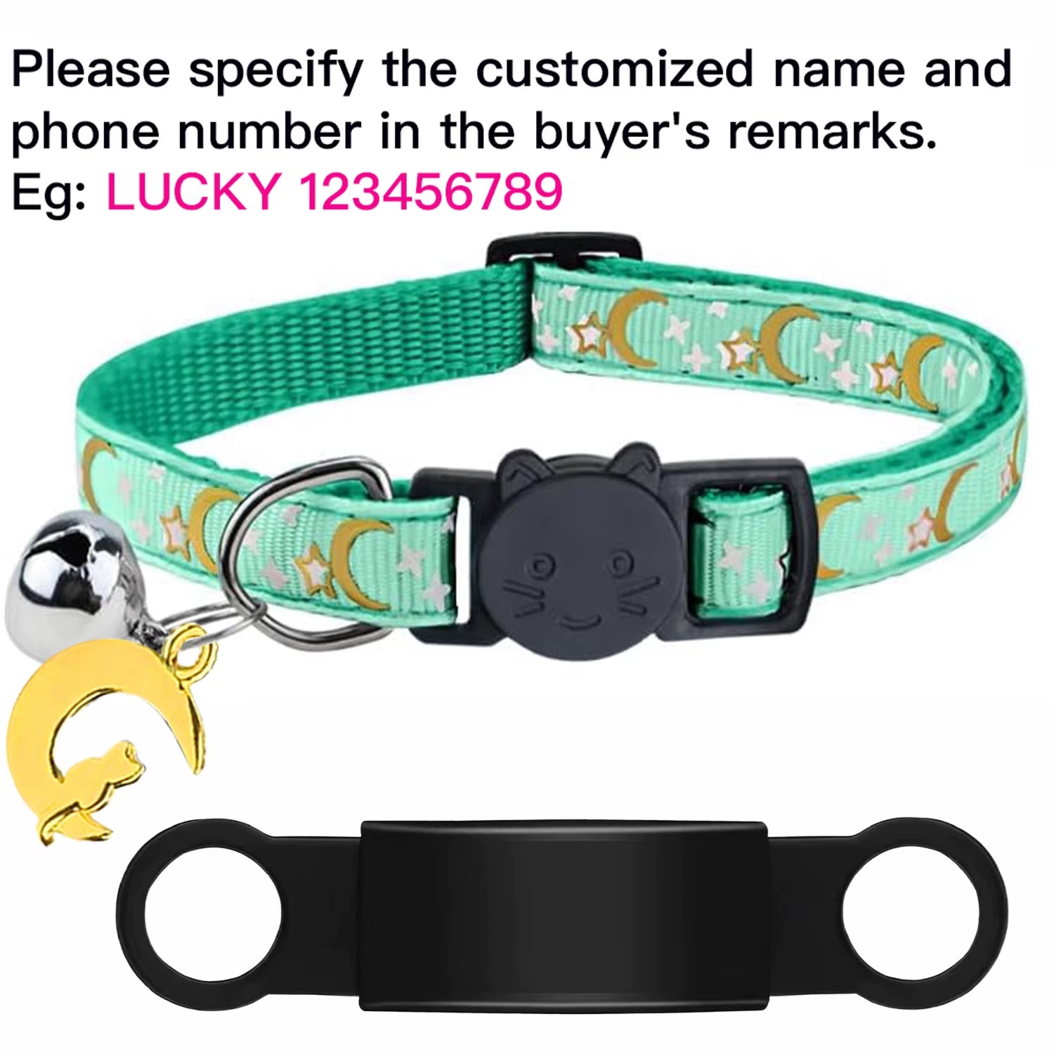 Customized Cute Glow Cat Collar Free Engraved Puppy Kitten Anti-Lost Pet ID Nameplate Necklace with Bell & Moon Ornament