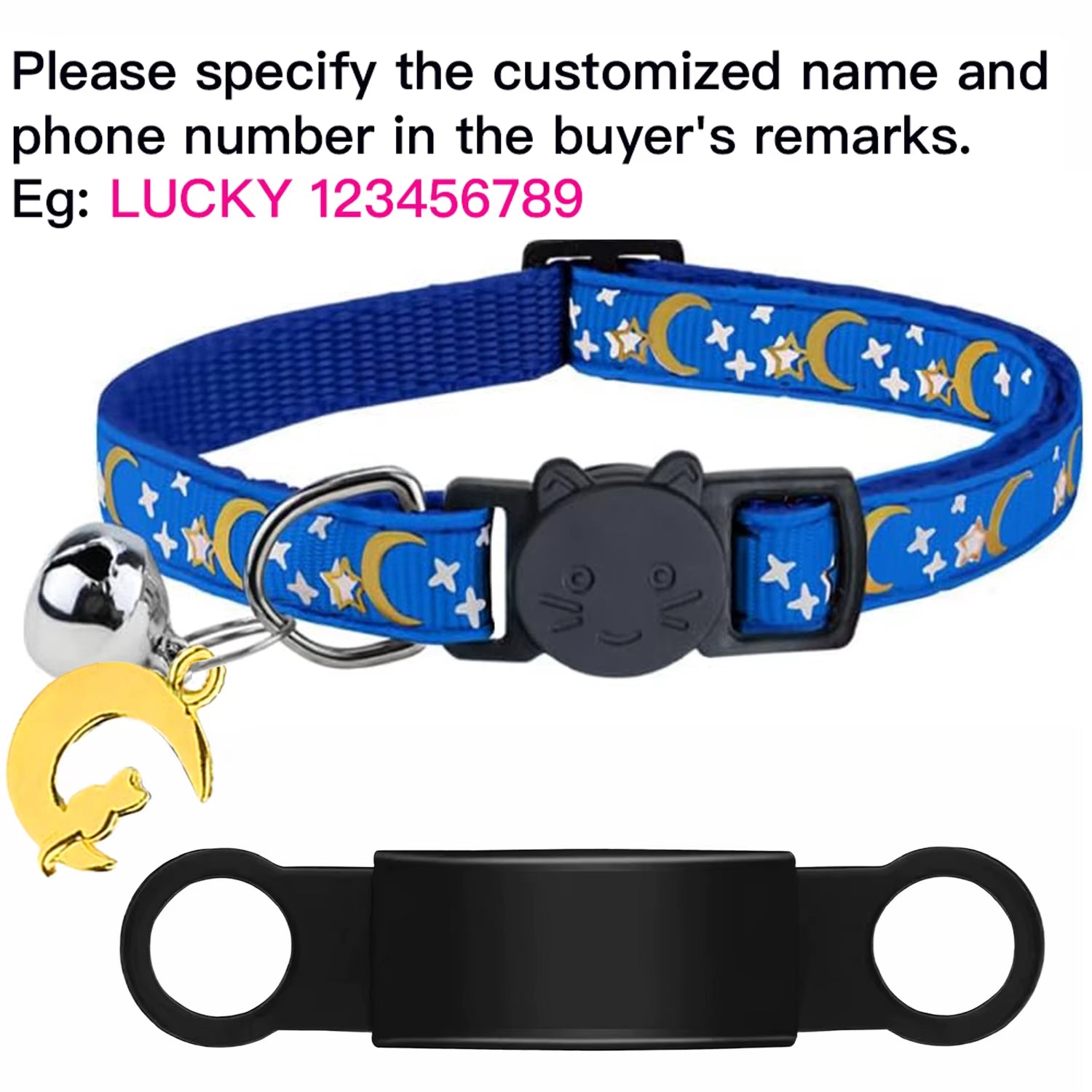 Customized Cute Glow Cat Collar Free Engraved Puppy Kitten Anti-Lost Pet ID Nameplate Necklace with Bell & Moon Ornament