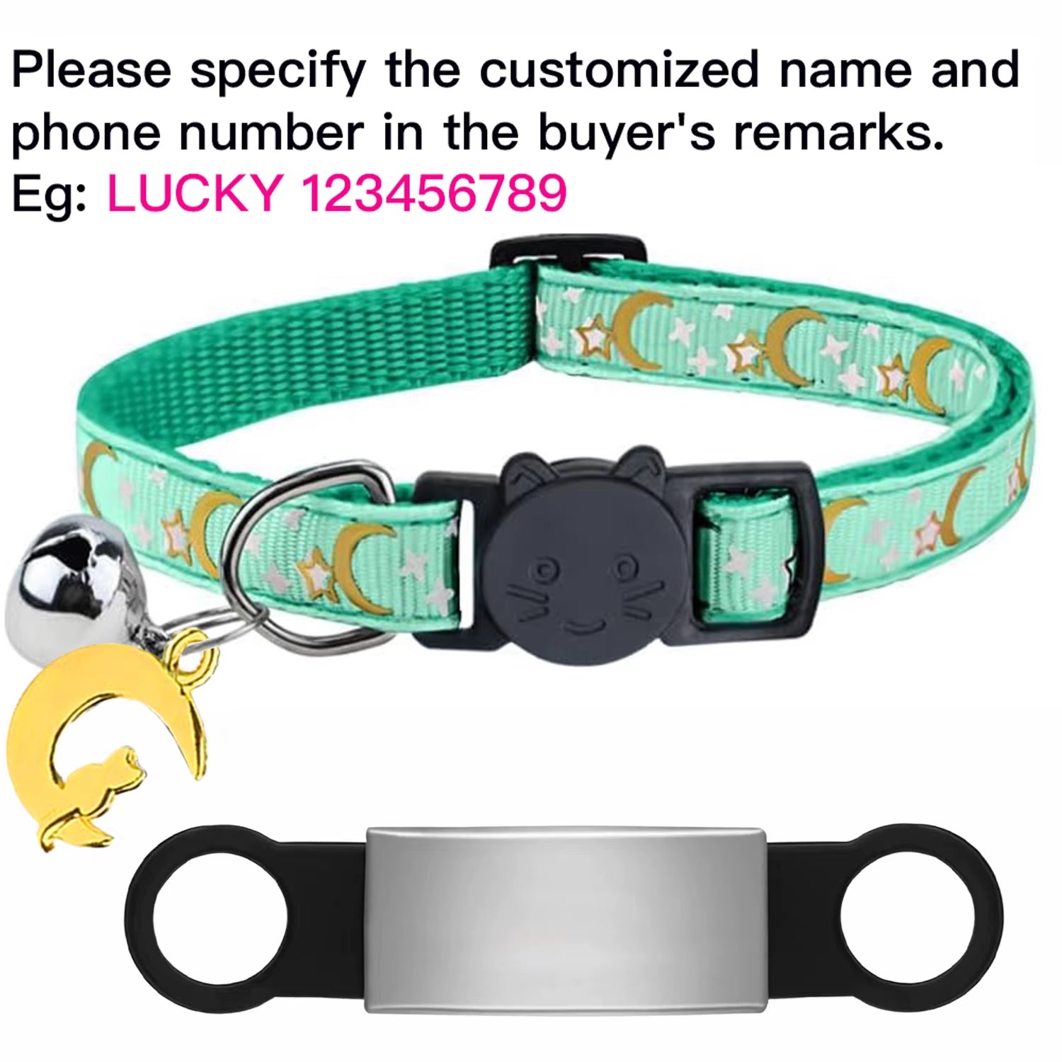 Customized Cute Glow Cat Collar Free Engraved Puppy Kitten Anti-Lost Pet ID Nameplate Necklace with Bell & Moon Ornament