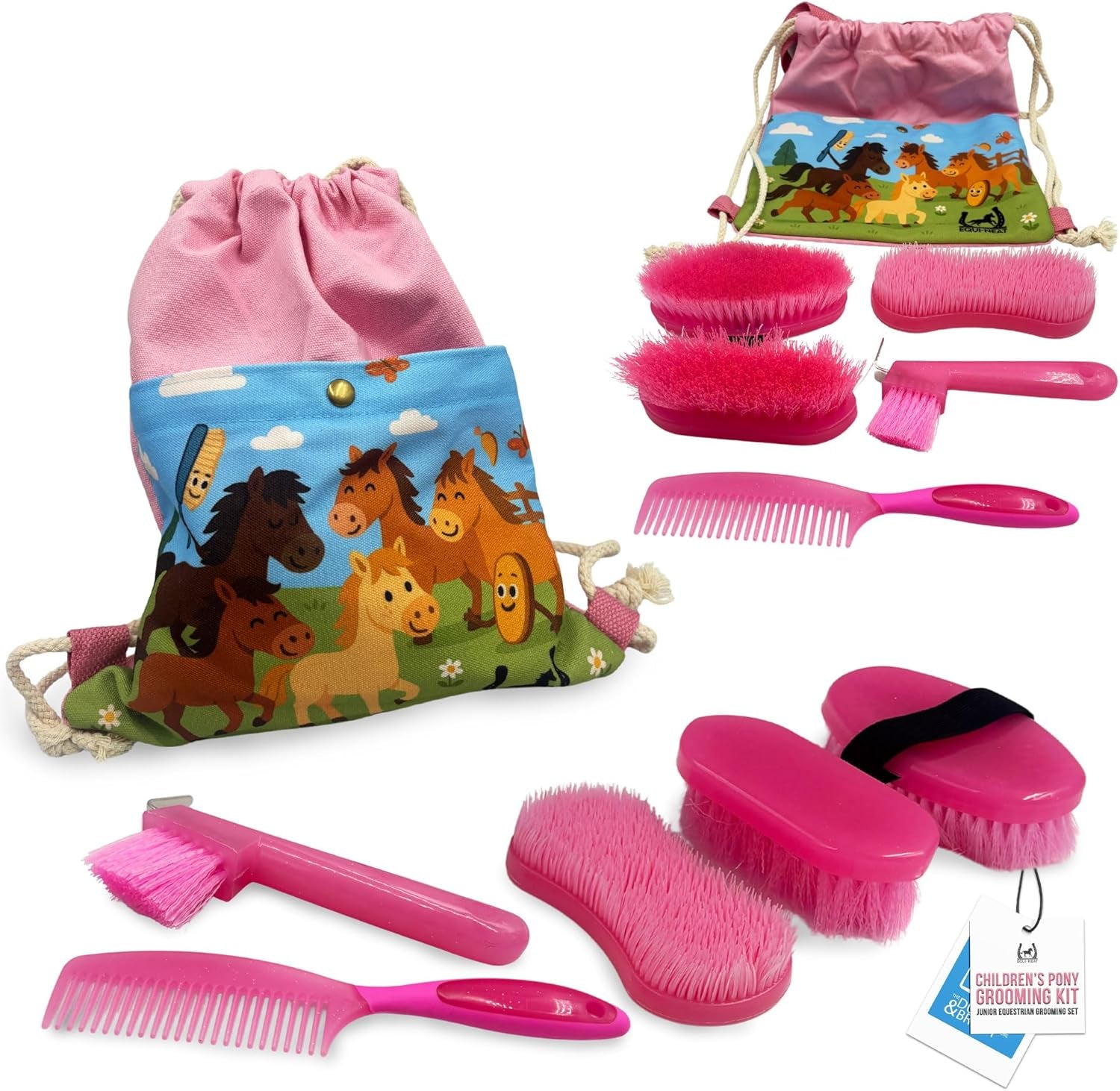 Children'S Horse Grooming Kit with Bag - Pony Gift Set Includes Curry Comb, Hoof Pick, Brushes and Comb - Available in Blue or Pink - Ideal Kids Grooming Kit Horse Present Gift - Pink