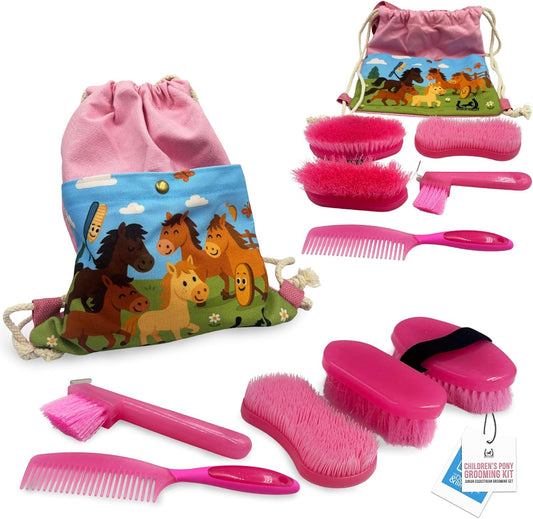 Children'S Horse Grooming Kit with Bag - Pony Gift Set Includes Curry Comb, Hoof Pick, Brushes and Comb - Available in Blue or Pink - Ideal Kids Grooming Kit Horse Present Gift - Pink