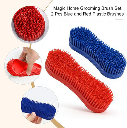 2 Pcs Magic Horse Hair Brush Set, Horses Grooming Brushes, Horse Brush for Grooming, Equestrian Massage Tool Mane and Tail Detangler Blue&Red