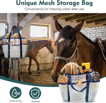 13Pcs Horse Grooming Kit with Mesh Tote Bag, Shower Brushes, Braiding and Curry Comb, Sweat Scraper, Hoof Pick, Shedding Massaging Horse Grooming and Bathing Tool Supplies for Riders Beginners