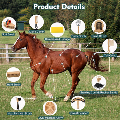 13Pcs Horse Grooming Kit with Mesh Tote Bag, Shower Brushes, Braiding and Curry Comb, Sweat Scraper, Hoof Pick, Shedding Massaging Horse Grooming and Bathing Tool Supplies for Riders Beginners