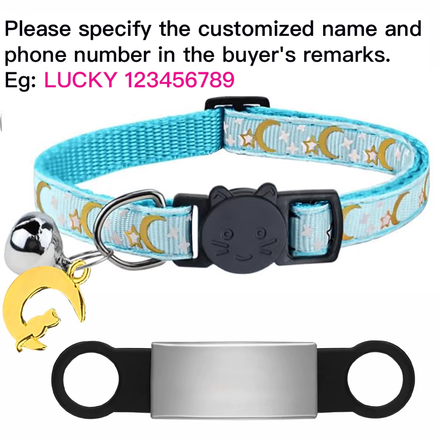Customized Cute Glow Cat Collar Free Engraved Puppy Kitten Anti-Lost Pet ID Nameplate Necklace with Bell & Moon Ornament