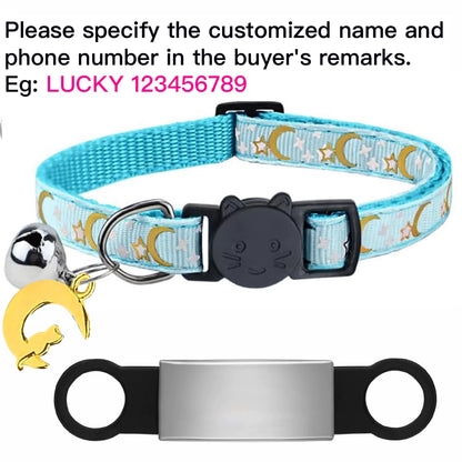 Customized Cute Glow Cat Collar Free Engraved Puppy Kitten Anti-Lost Pet ID Nameplate Necklace with Bell & Moon Ornament