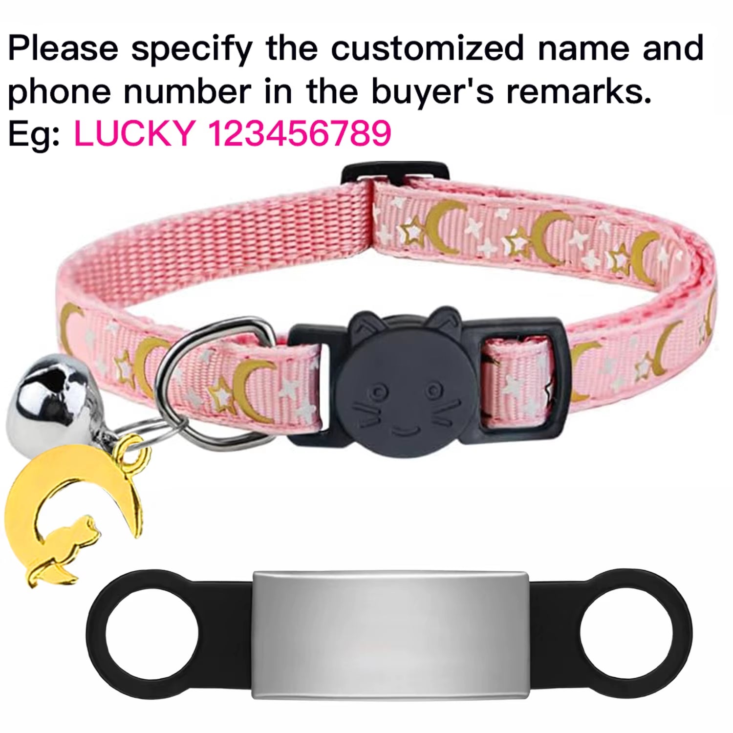 Customized Cute Glow Cat Collar Free Engraved Puppy Kitten Anti-Lost Pet ID Nameplate Necklace with Bell & Moon Ornament